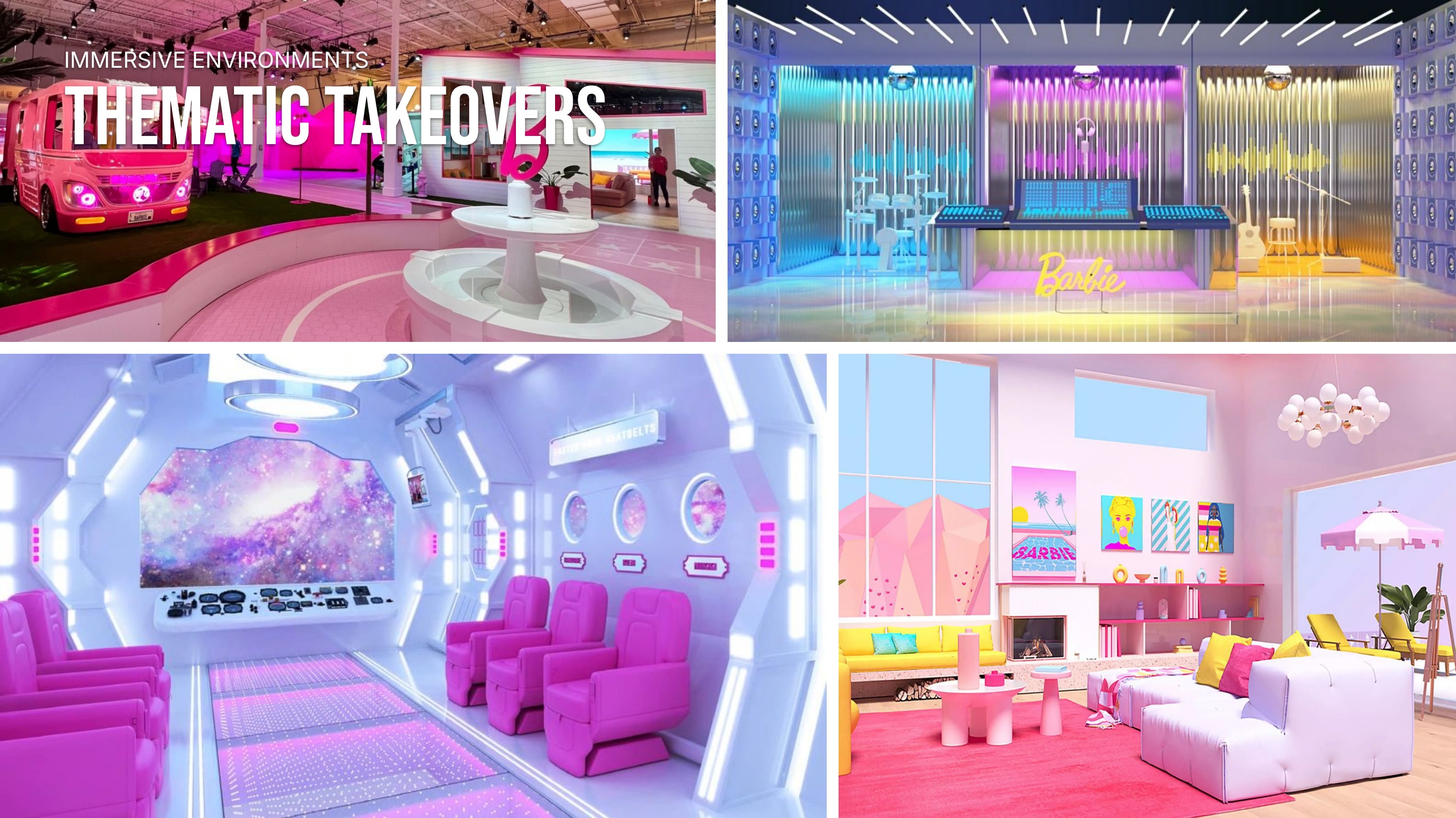 Barbie-themed immersive room takeovers with pink camper, studio, spaceship and living room